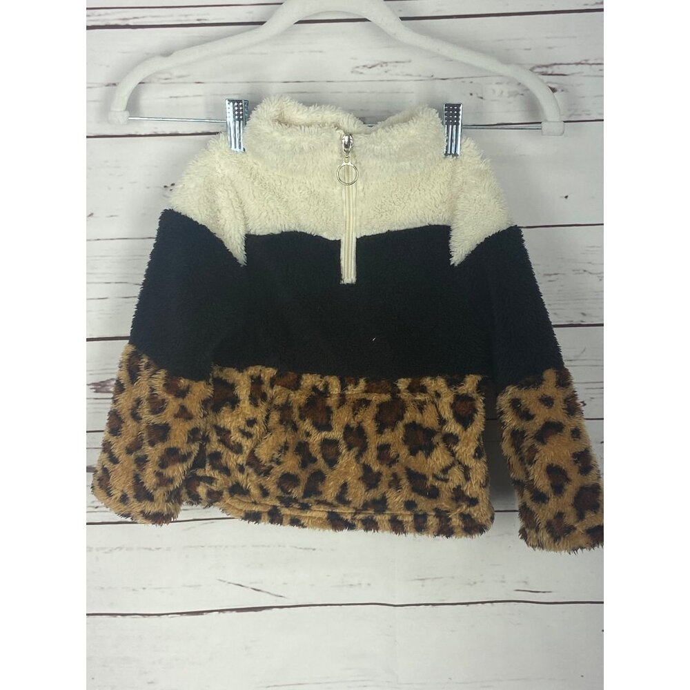 Le Moda Girls 2T Teddy Leopard Pullover Colorblock Fleece Kangaroo Pouch Boho